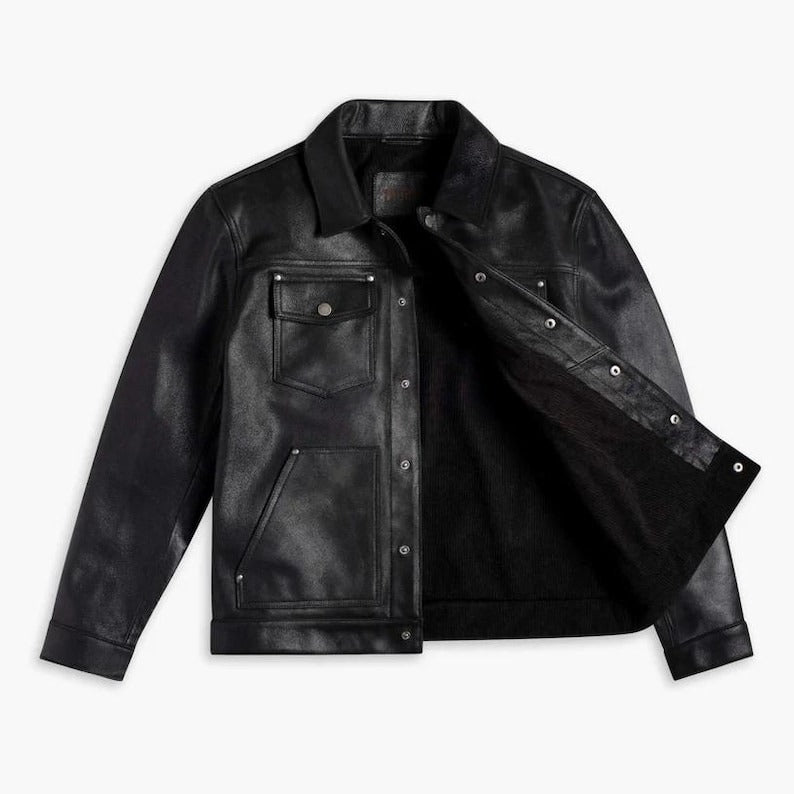 Men’s Black Leather Trucker Jacket